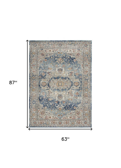 5' X 7' Ivory And Blue Oriental Power Loom Non Skid Area Rug