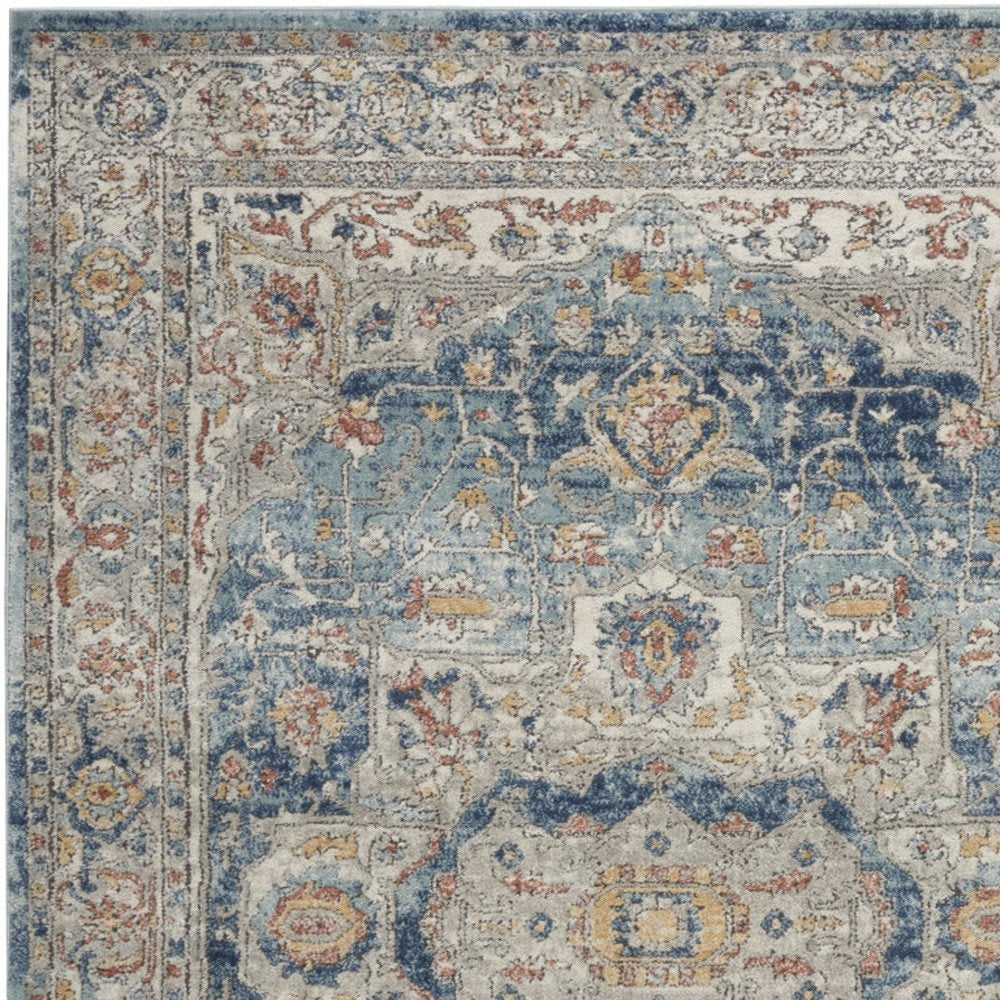 5' X 7' Ivory And Blue Oriental Power Loom Non Skid Area Rug