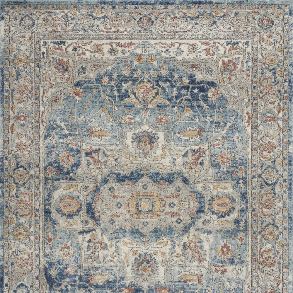 5' X 7' Ivory And Blue Oriental Power Loom Non Skid Area Rug