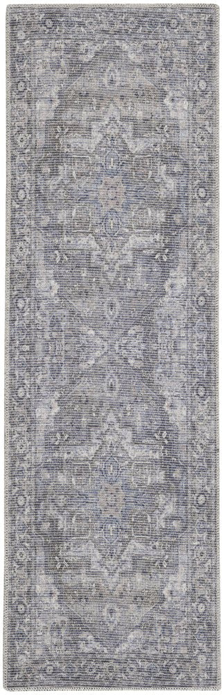 6' Gray And Blue Oriental Distressed Washable Runner Rug