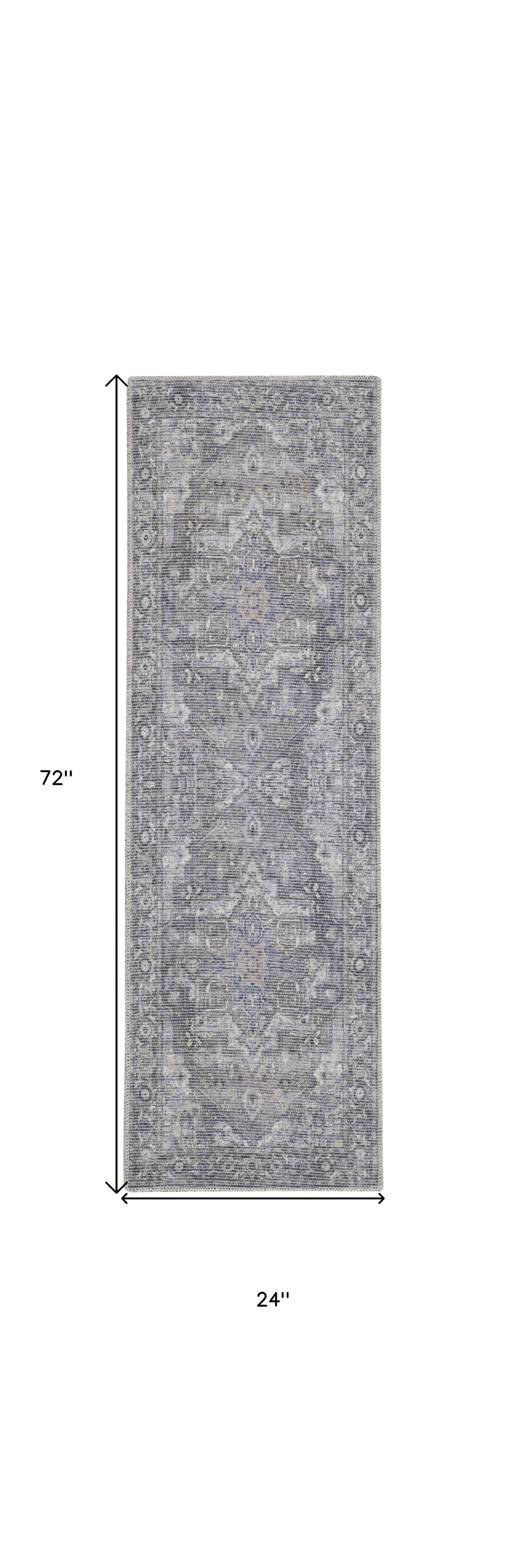 2' X 6' Grey Oriental Power Loom Distressed Washable Runner Rug