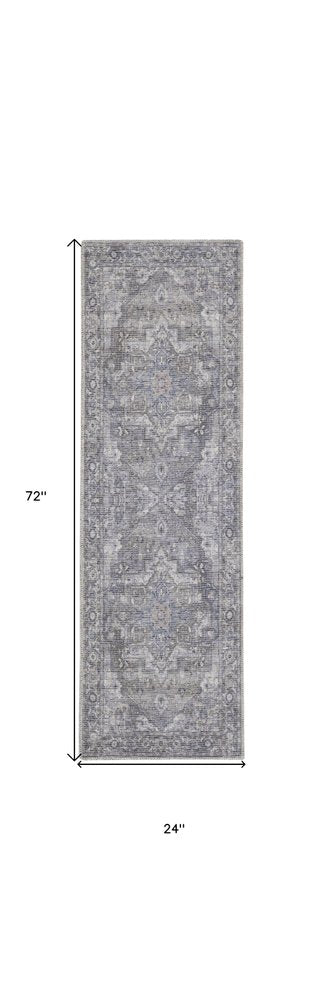 6' Gray And Blue Oriental Distressed Washable Runner Rug
