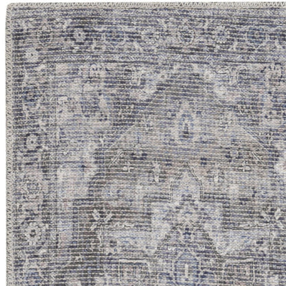 6' Gray And Blue Oriental Distressed Washable Runner Rug