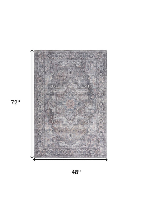 4' X 6' Grey Oriental Power Loom Distressed Washable Area Rug
