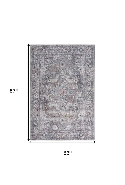 5' X 7' Grey Oriental Power Loom Distressed Washable Area Rug