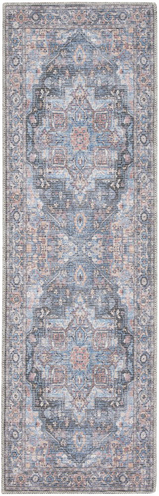 2' X 6' Light Blue Oriental Power Loom Distressed Washable Runner Rug