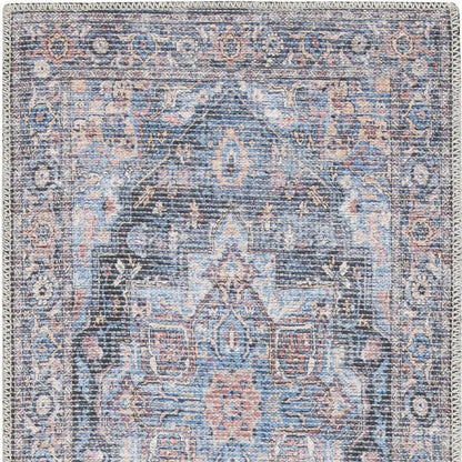 2' X 6' Light Blue Oriental Power Loom Distressed Washable Runner Rug