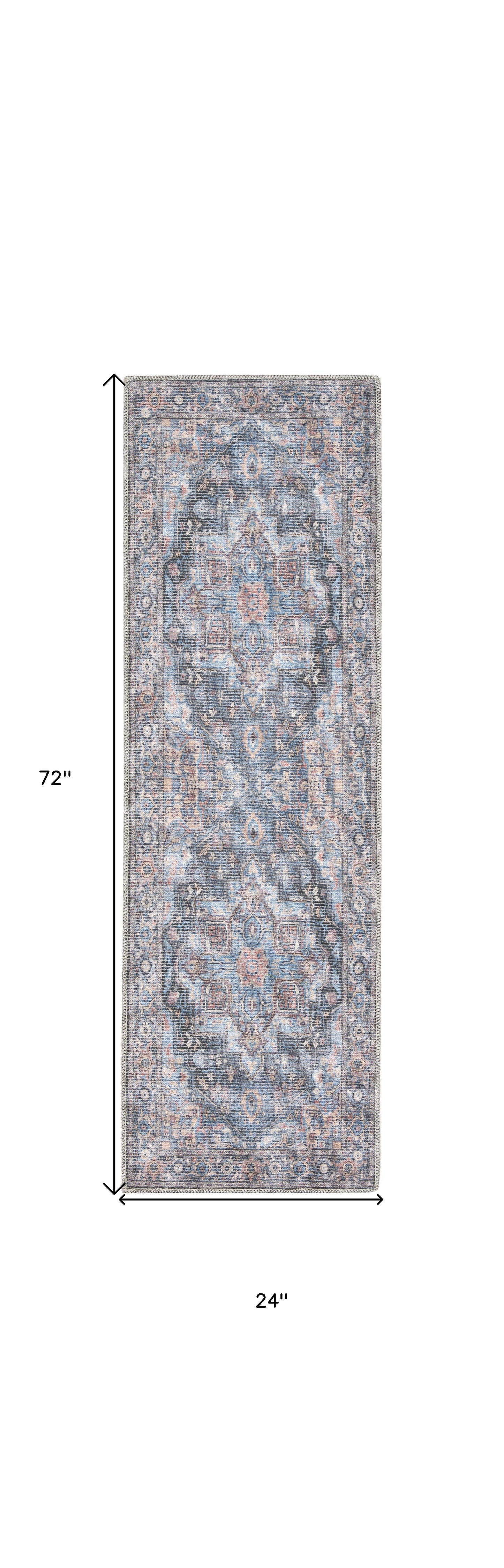 2' X 6' Light Blue Oriental Power Loom Distressed Washable Runner Rug