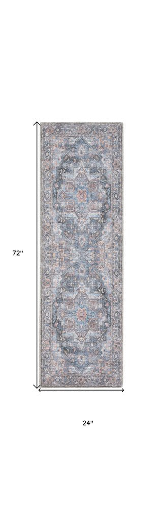 2' X 6' Light Blue Oriental Power Loom Distressed Washable Runner Rug
