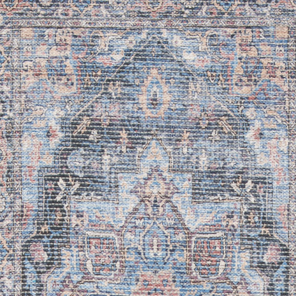 2' X 6' Light Blue Oriental Power Loom Distressed Washable Runner Rug