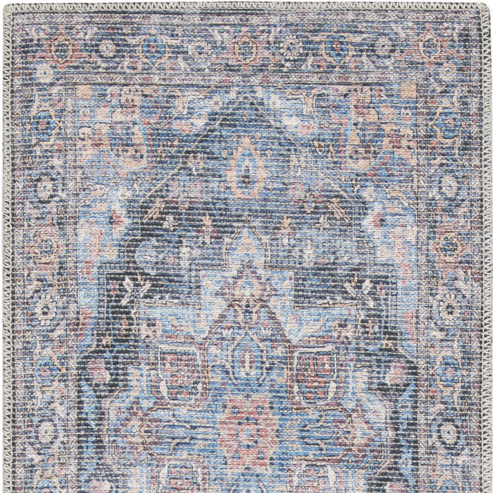 2' X 6' Light Blue Oriental Power Loom Distressed Washable Runner Rug