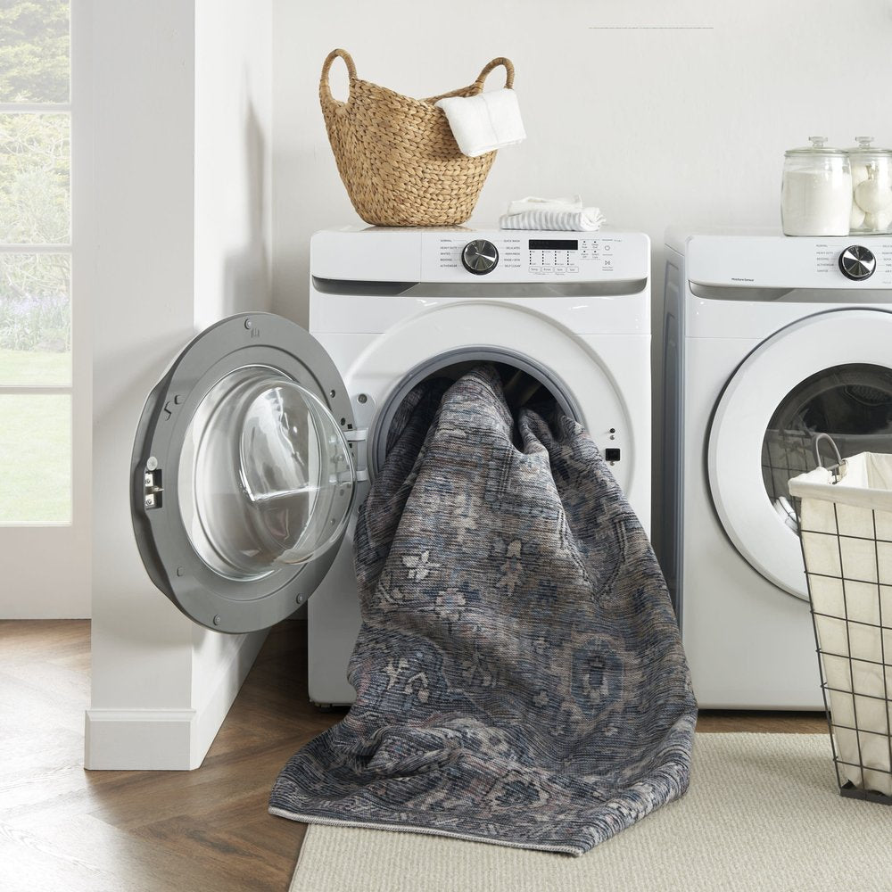 2' X 6' Light Blue Oriental Power Loom Distressed Washable Runner Rug