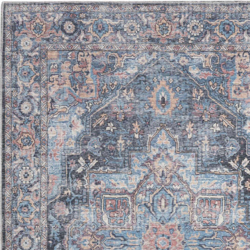 4' X 6' Light Blue Oriental Power Loom Distressed Washable Area Rug