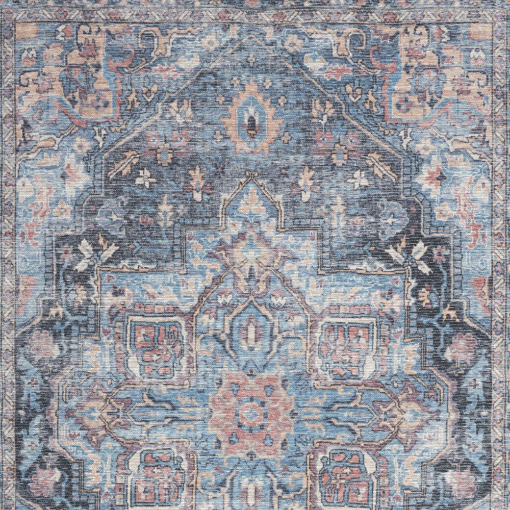 5' X 7' Light Blue Oriental Power Loom Distressed Washable Area Rug