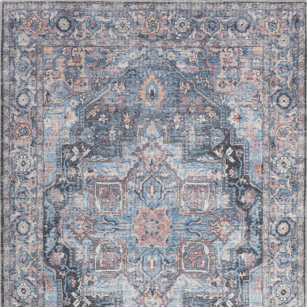 5' X 7' Light Blue Oriental Power Loom Distressed Washable Area Rug