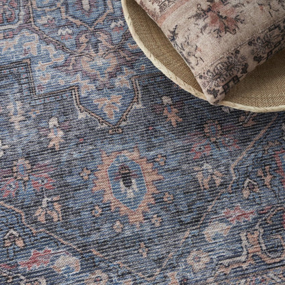 5' X 7' Light Blue Oriental Power Loom Distressed Washable Area Rug