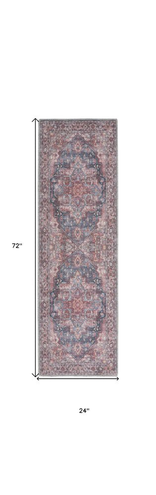 2' X 6' Red Oriental Power Loom Distressed Washable Runner Rug