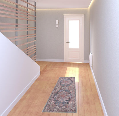 2' X 6' Red Oriental Power Loom Distressed Washable Runner Rug