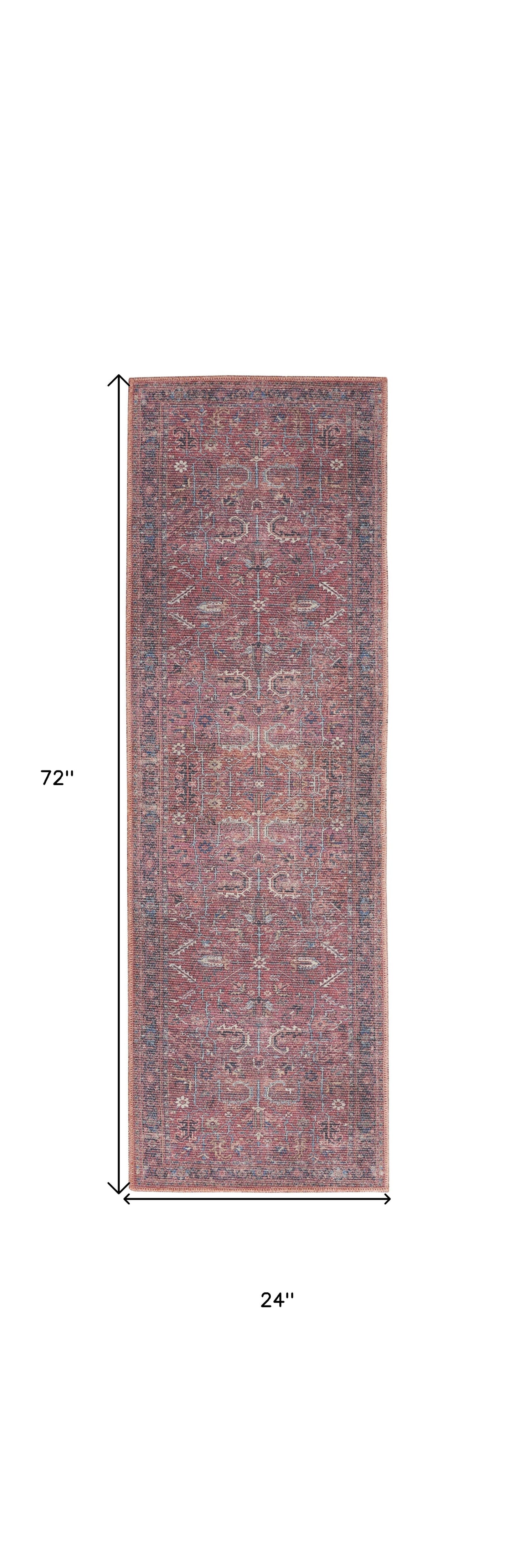 2' X 6' Brick Oriental Power Loom Distressed Washable Runner Rug