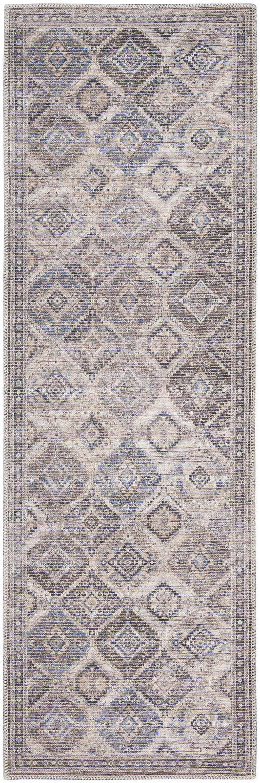 2' X 6' Ivory Latte Oriental Power Loom Distressed Washable Runner Rug