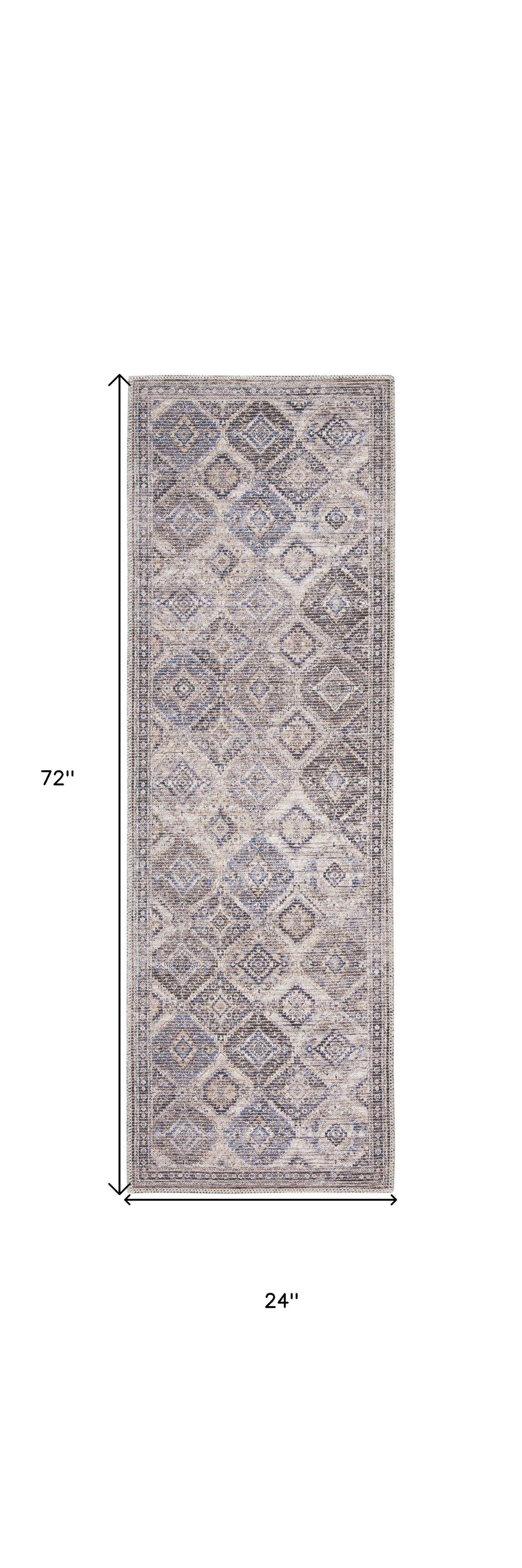 2' X 6' Ivory Latte Oriental Power Loom Distressed Washable Runner Rug