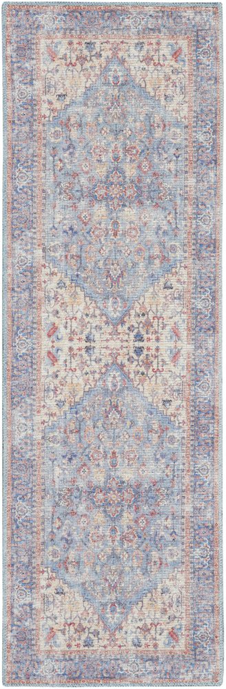 6' Blue Orange And Red Oriental Distressed Washable Runner Rug