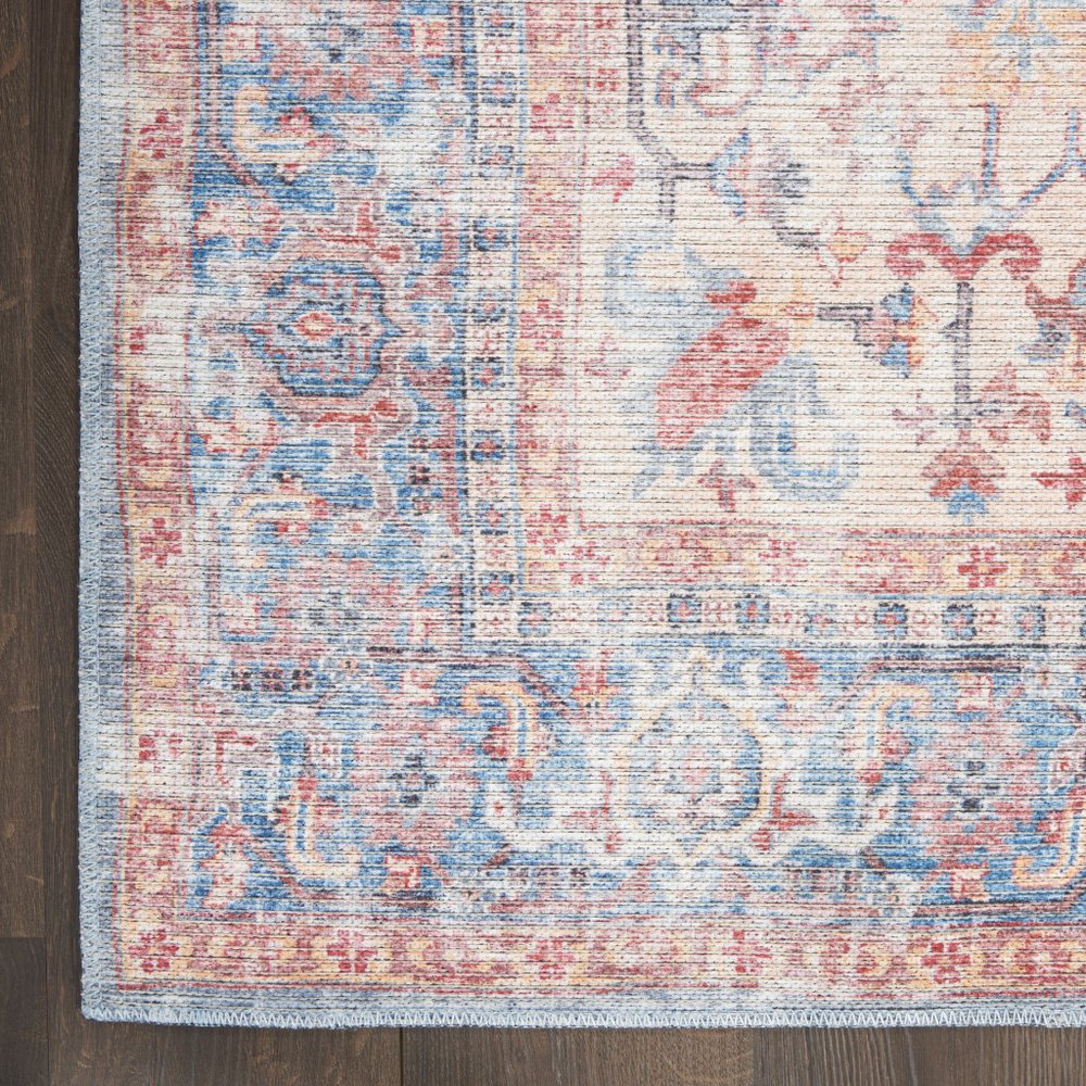 6' Blue Orange And Red Oriental Distressed Washable Runner Rug