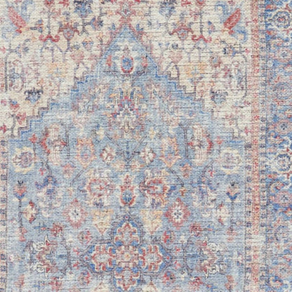 6' Blue Orange And Red Oriental Distressed Washable Runner Rug