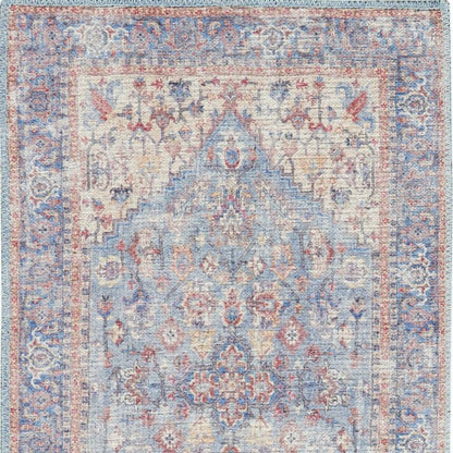 6' Blue Orange And Red Oriental Distressed Washable Runner Rug