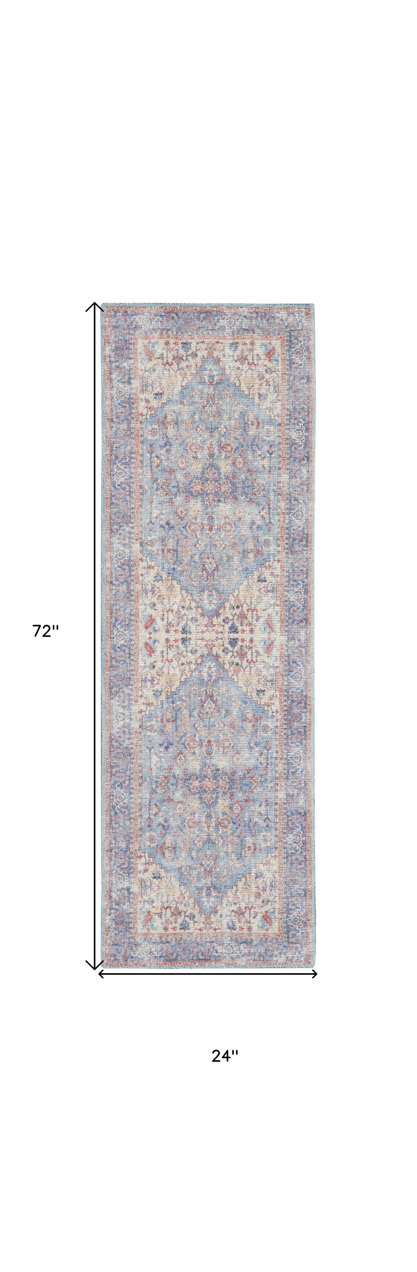 2' X 6' Blue Oriental Power Loom Distressed Washable Runner Rug