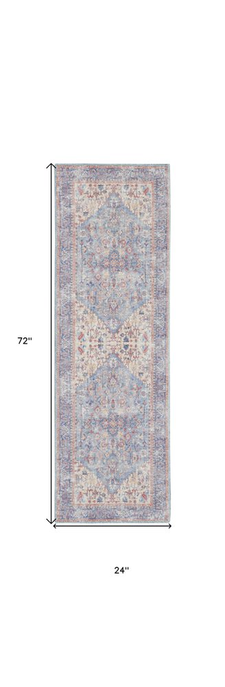 6' Blue Orange And Red Oriental Distressed Washable Runner Rug