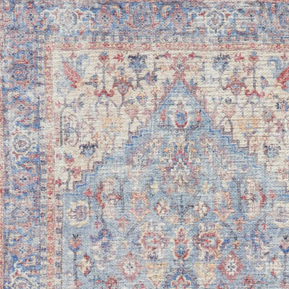6' Blue Orange And Red Oriental Distressed Washable Runner Rug