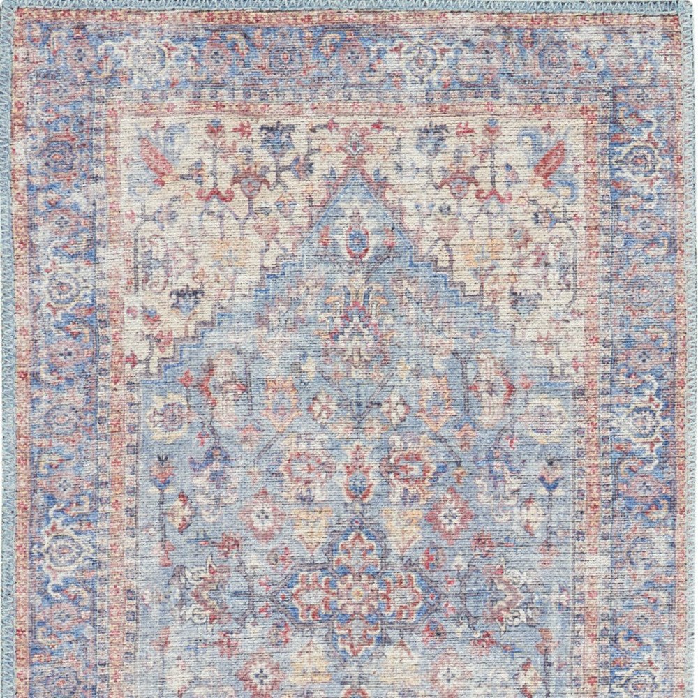 6' Blue Orange And Red Oriental Distressed Washable Runner Rug