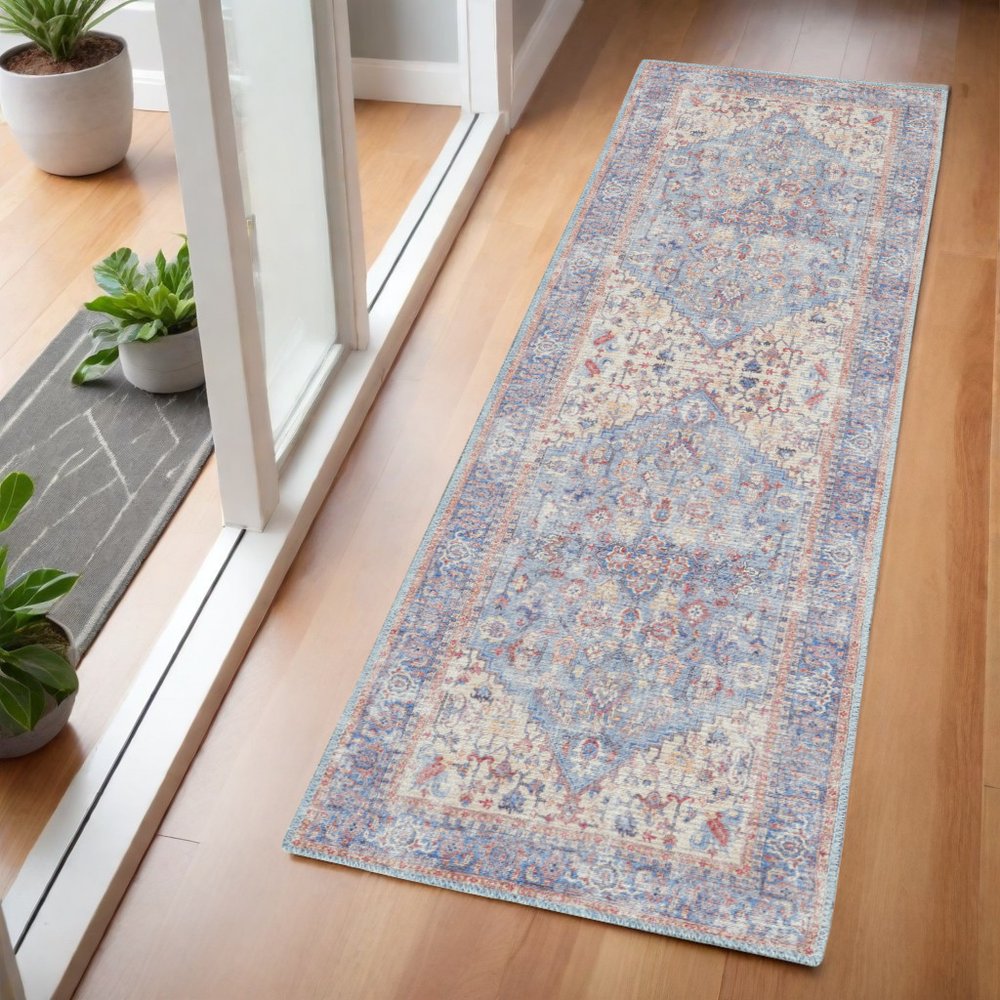 6' Blue Orange And Red Oriental Distressed Washable Runner Rug