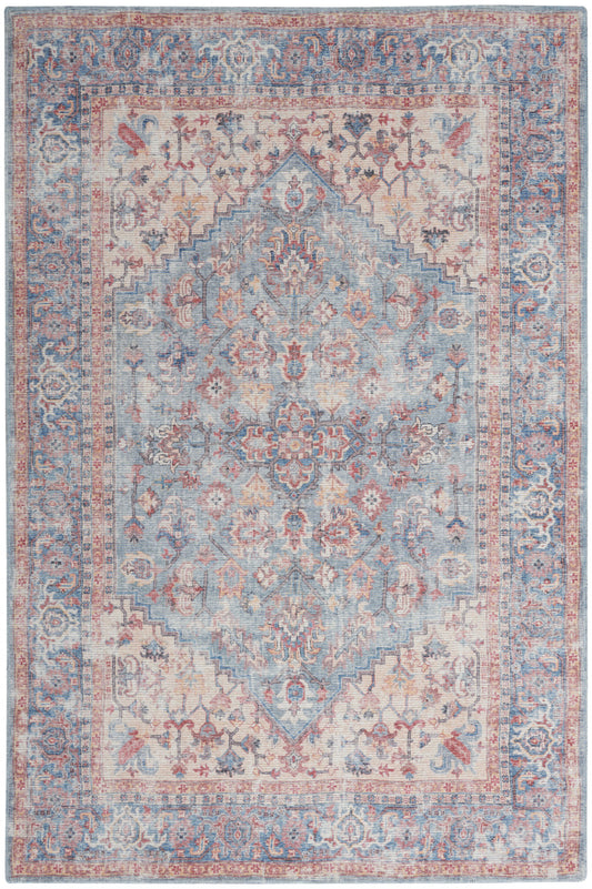 5' X 7' Blue Oriental Power Loom Distressed Washable Area Rug