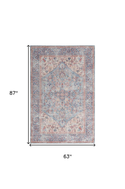 5' X 7' Blue Oriental Power Loom Distressed Washable Area Rug