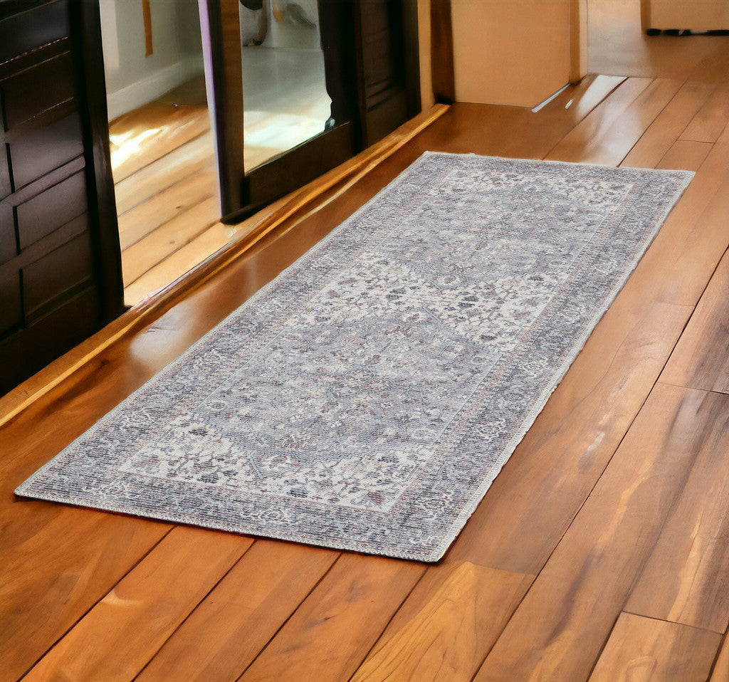 2' X 6' Grey Oriental Power Loom Distressed Washable Runner Rug