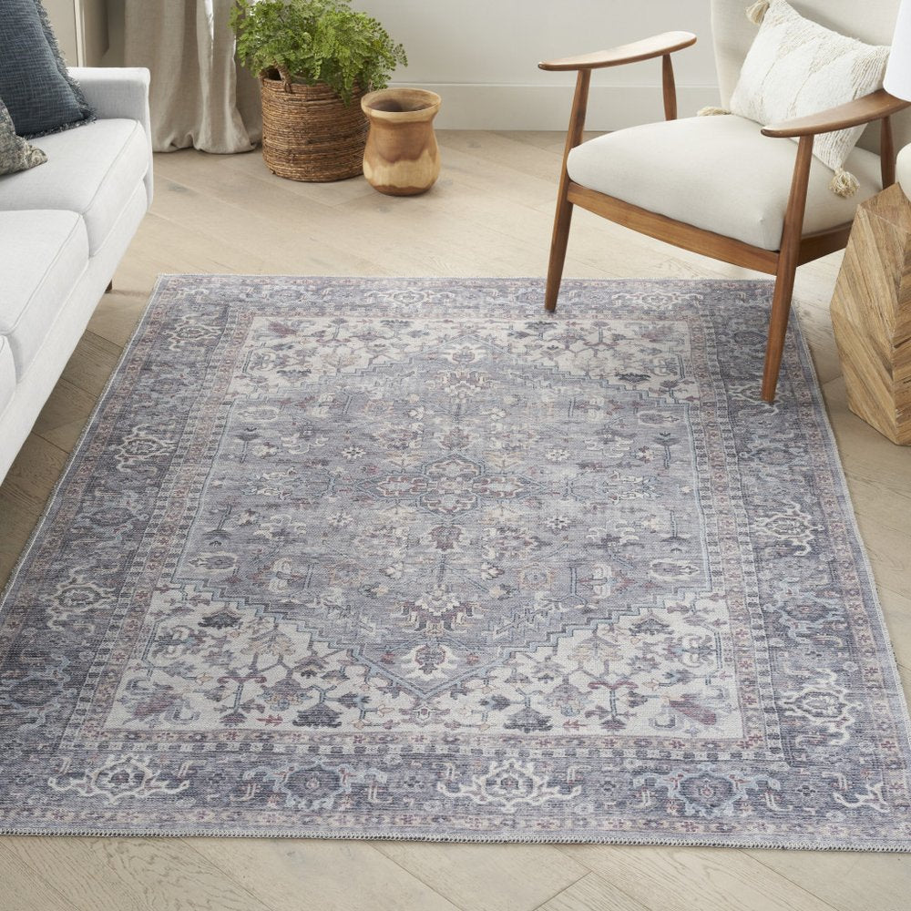 4' X 6' Grey Oriental Power Loom Distressed Washable Area Rug