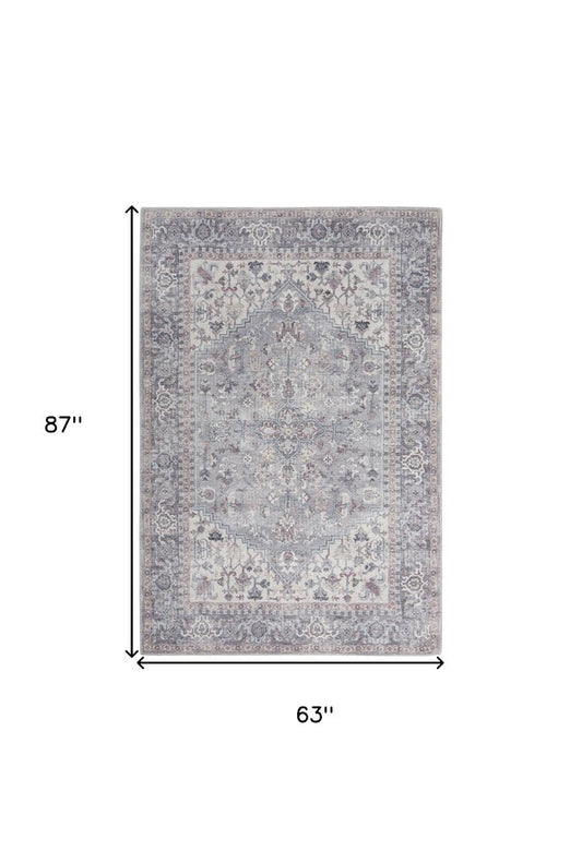 5' X 7' Grey Oriental Power Loom Distressed Washable Area Rug