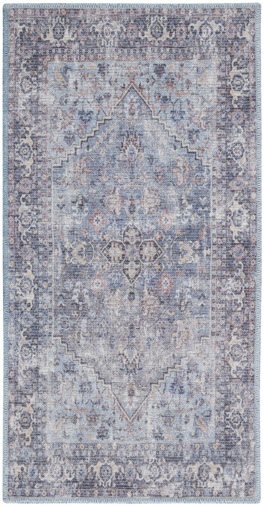 2' X 4' Light Grey And Blue Oriental Power Loom Distressed Washable Area Rug