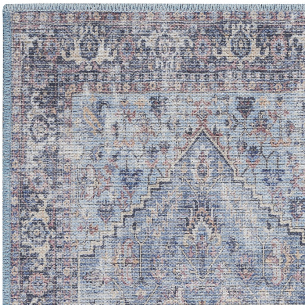 2' X 4' Light Grey And Blue Oriental Power Loom Distressed Washable Area Rug