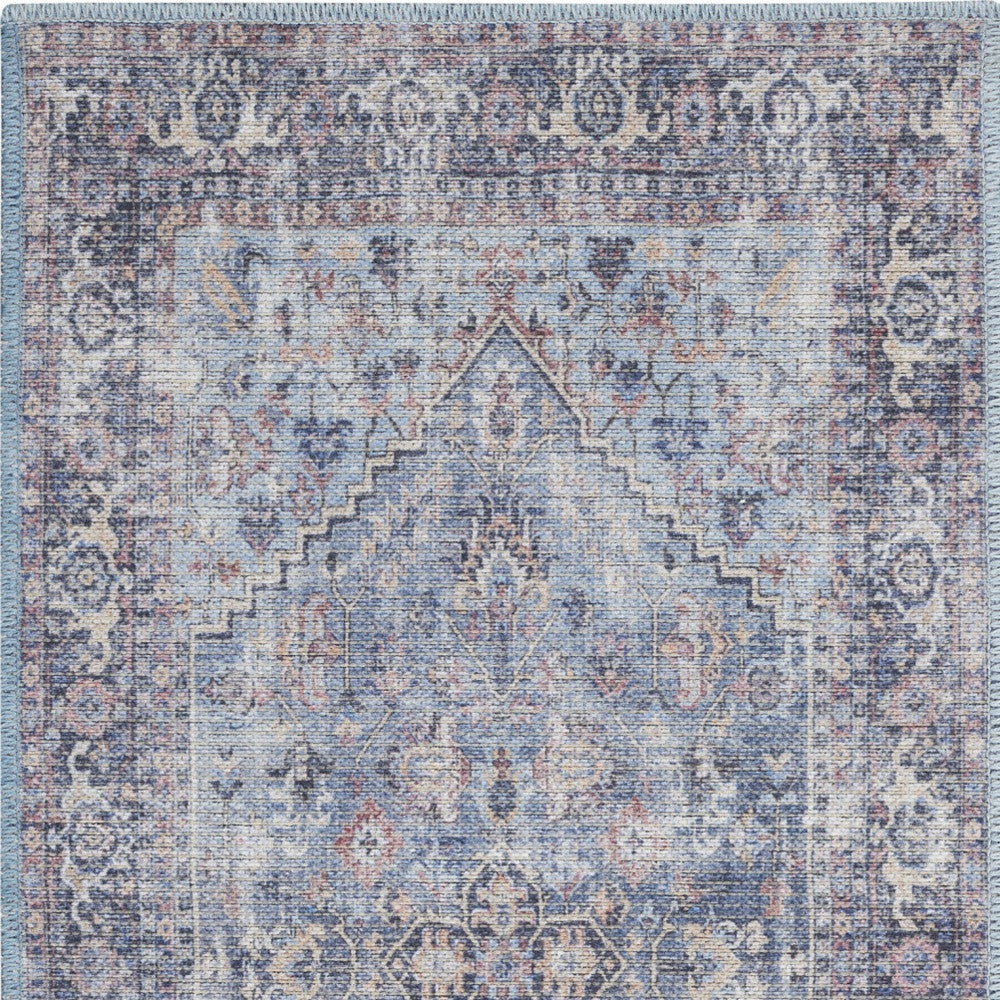 2' X 4' Light Grey And Blue Oriental Power Loom Distressed Washable Area Rug