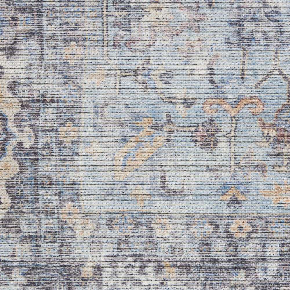 2' X 6' Light Grey And Blue Oriental Power Loom Distressed Washable Runner Rug
