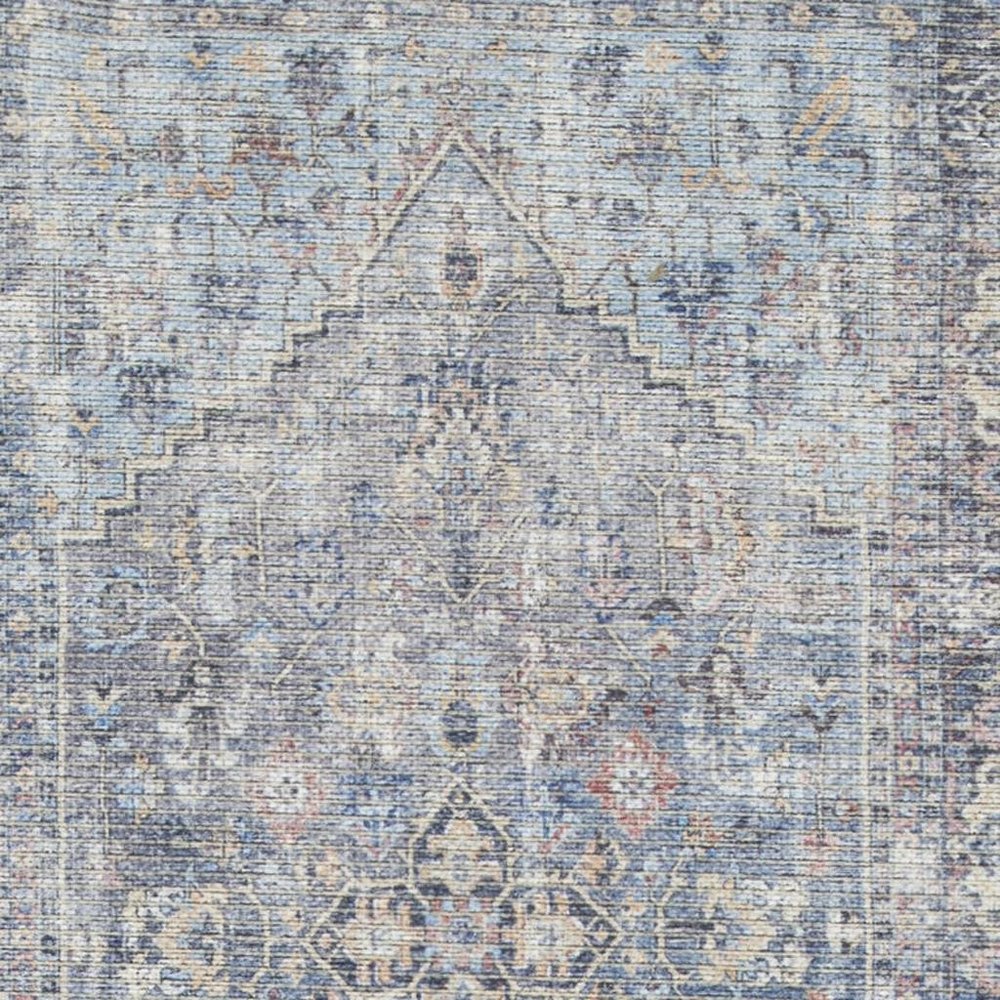 2' X 6' Light Grey And Blue Oriental Power Loom Distressed Washable Runner Rug