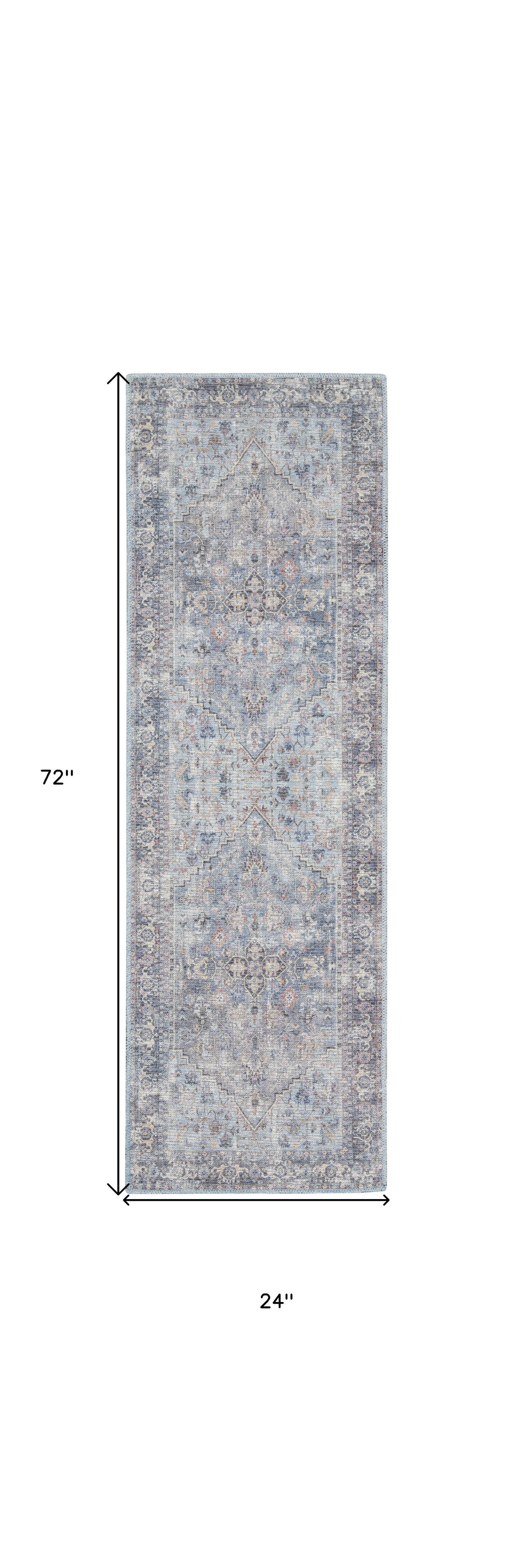 2' X 6' Light Grey And Blue Oriental Power Loom Distressed Washable Runner Rug