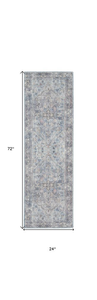 2' X 6' Light Grey And Blue Oriental Power Loom Distressed Washable Runner Rug