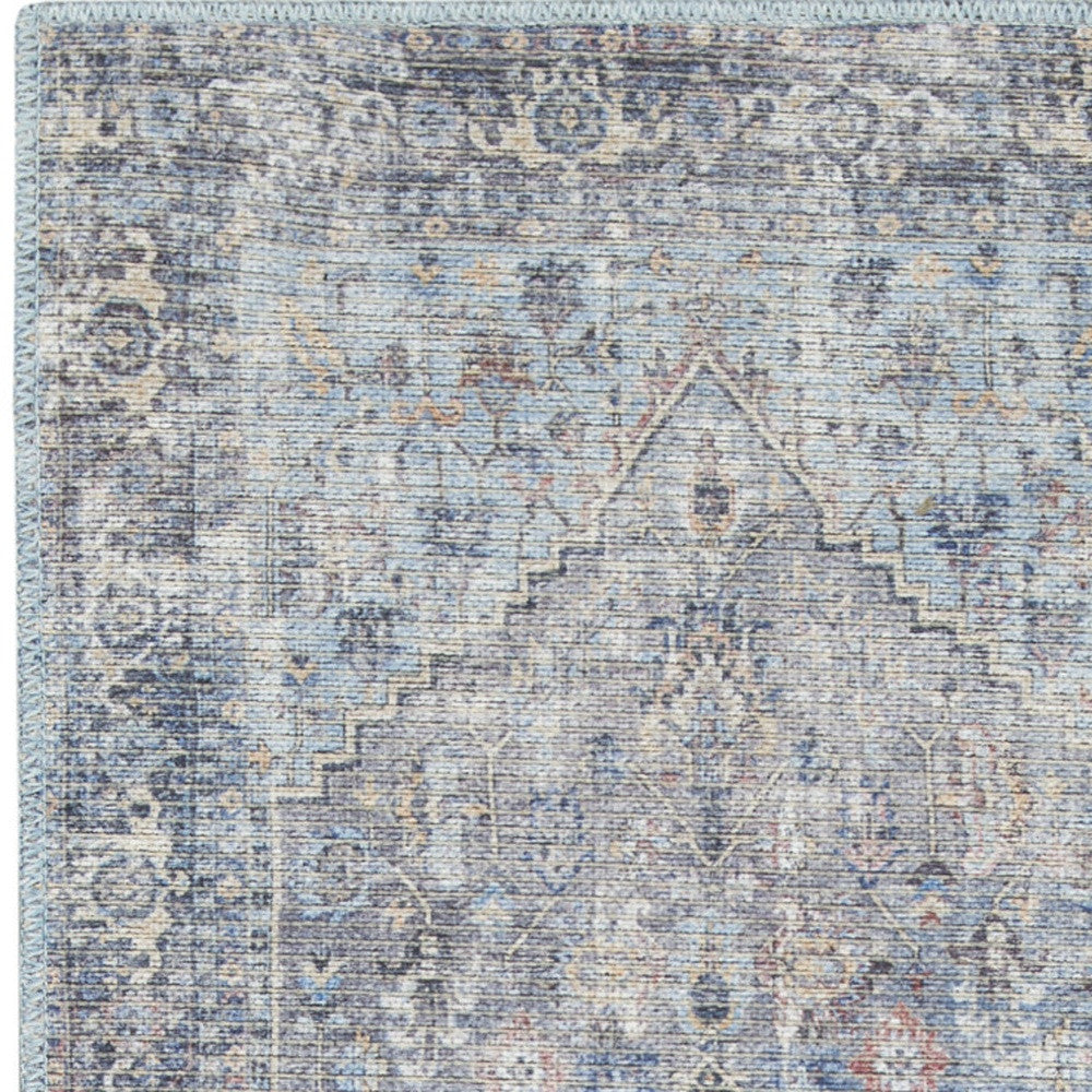 2' X 6' Light Grey And Blue Oriental Power Loom Distressed Washable Runner Rug