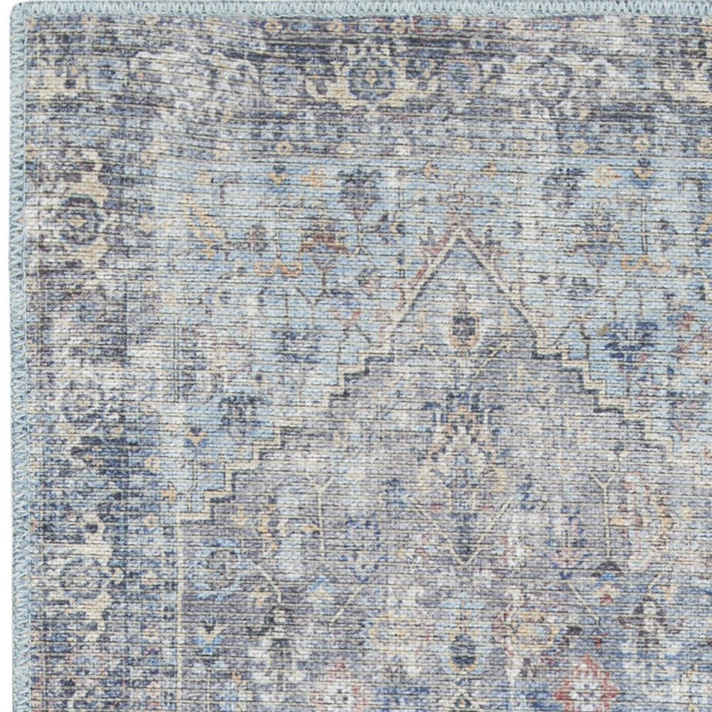 2' X 6' Light Grey And Blue Oriental Power Loom Distressed Washable Runner Rug
