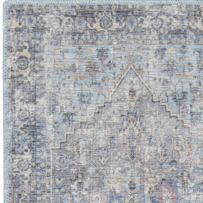 2' X 6' Light Grey And Blue Oriental Power Loom Distressed Washable Runner Rug