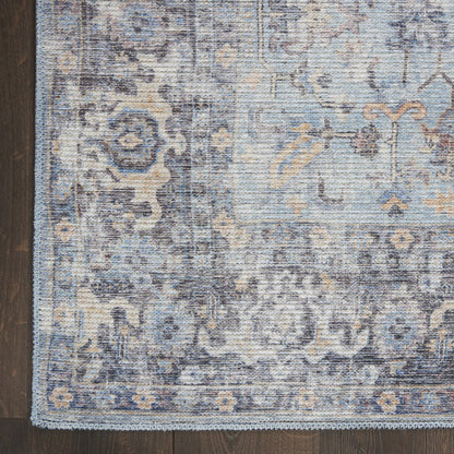 4' X 6' Light Grey And Blue Oriental Power Loom Distressed Washable Area Rug
